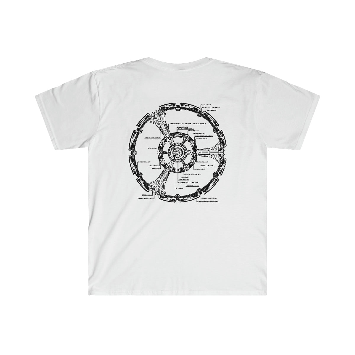 A Limited Edition Space Station T-Shirt with a graphic design of a wheel.