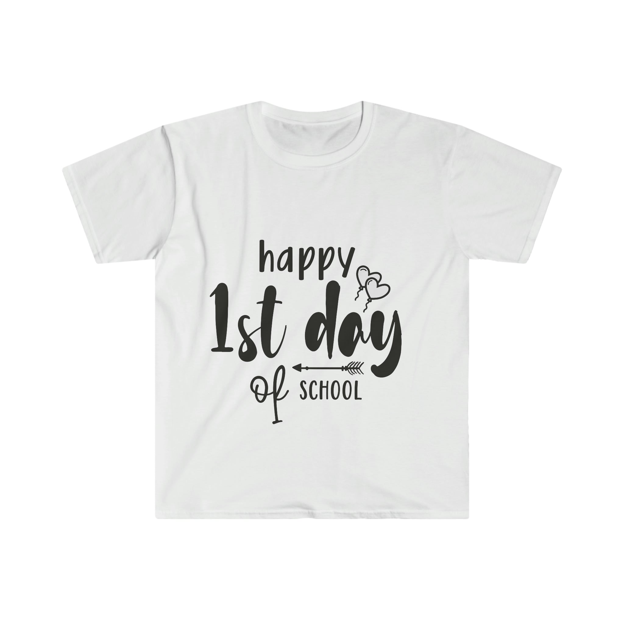 A white First Day of School T-Shirt that says happy first day of school.