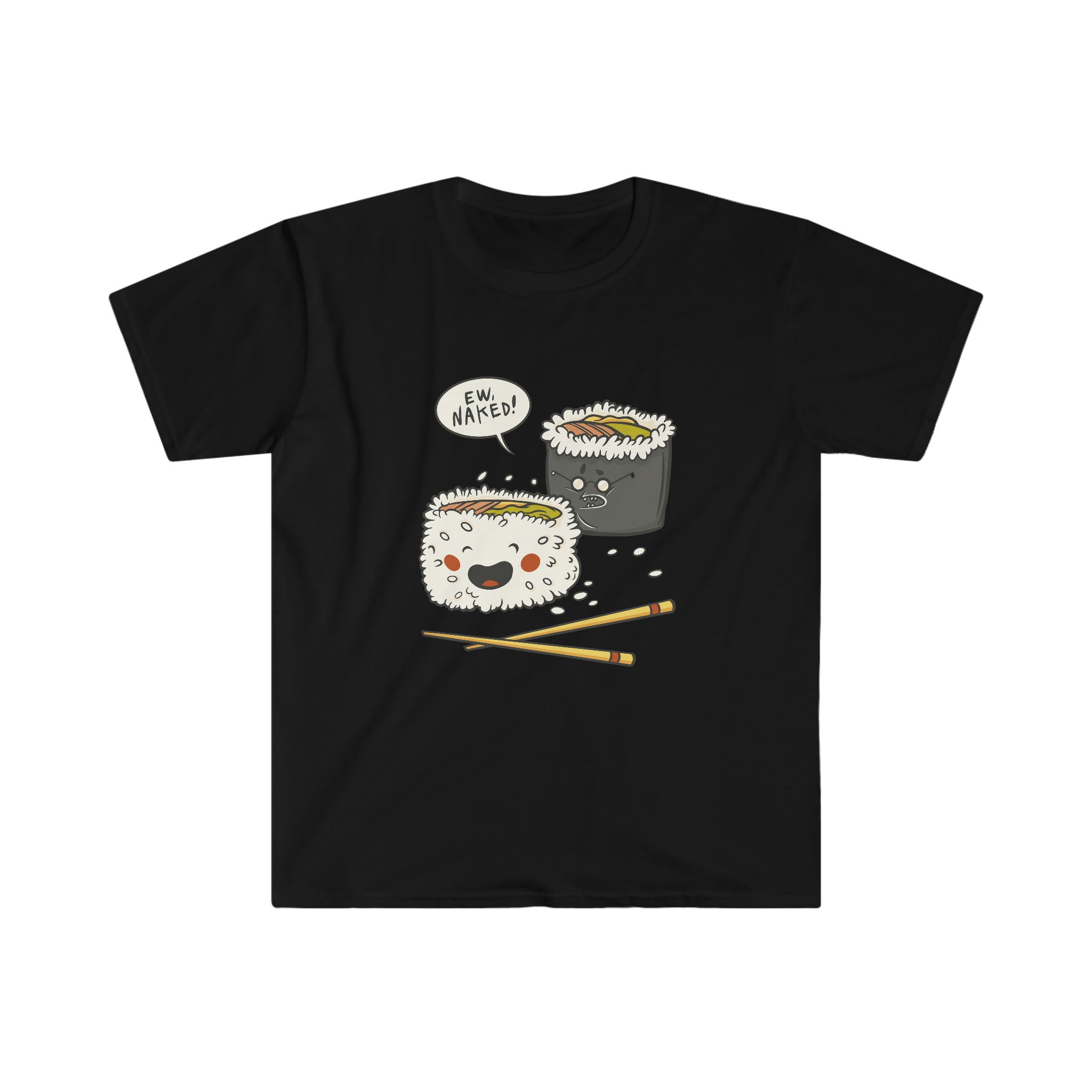 A Naked Sushi T-Shirt featuring an image of sushi and chopsticks.