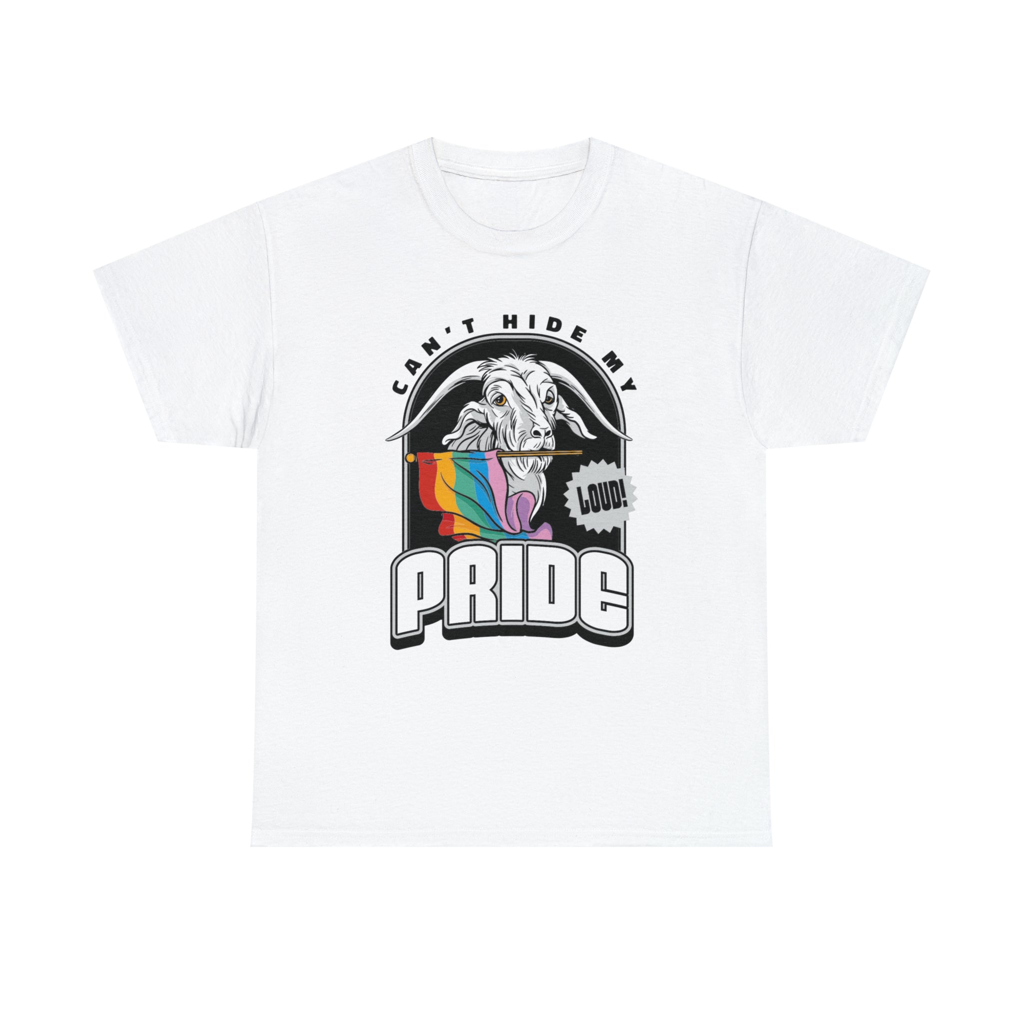 A white Can't Hide My Pride t-shirt by Printify with an image of a unicorn and a rainbow on it.