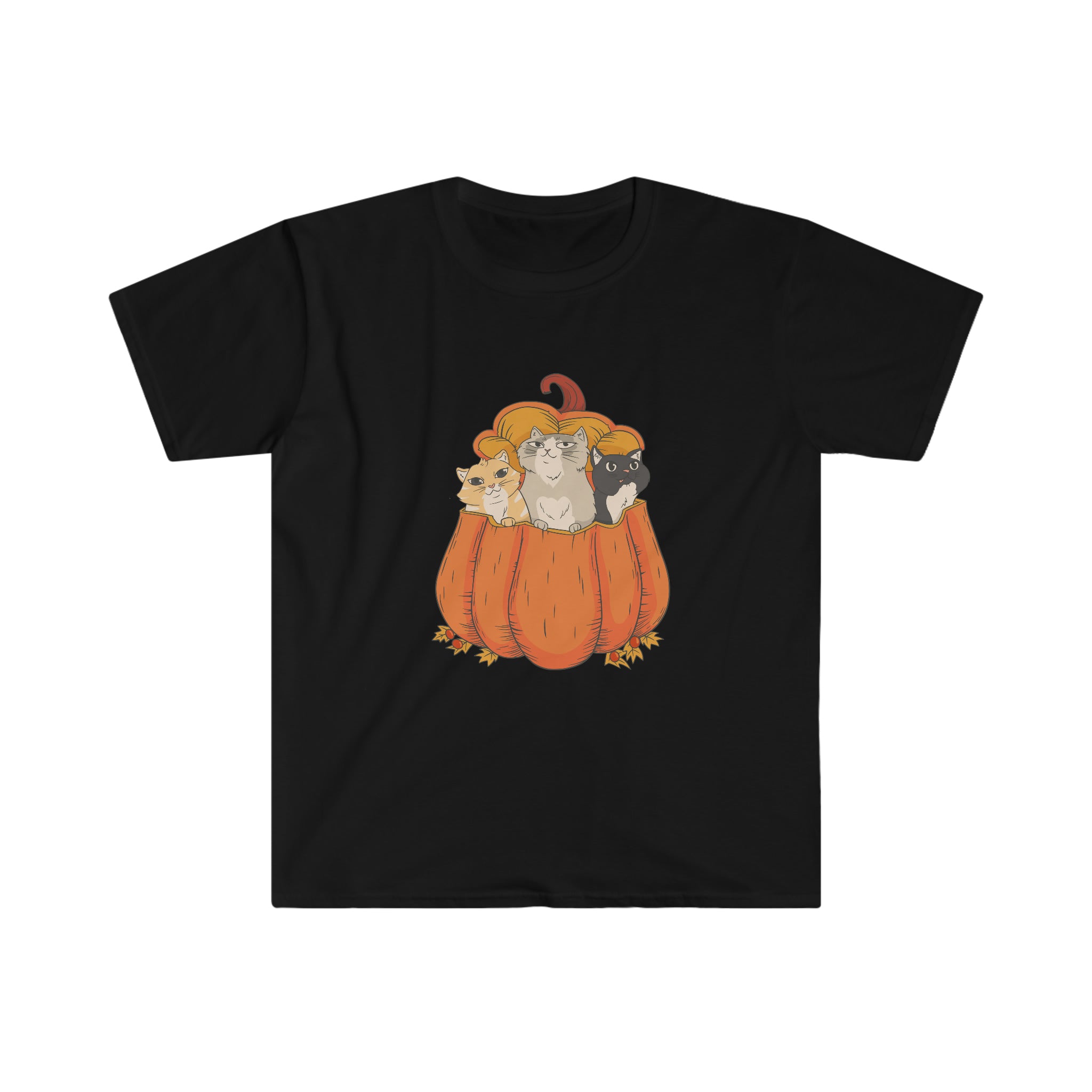 A Halloween Cats T-shirt with a cartoon of animals, such as cats, on it.