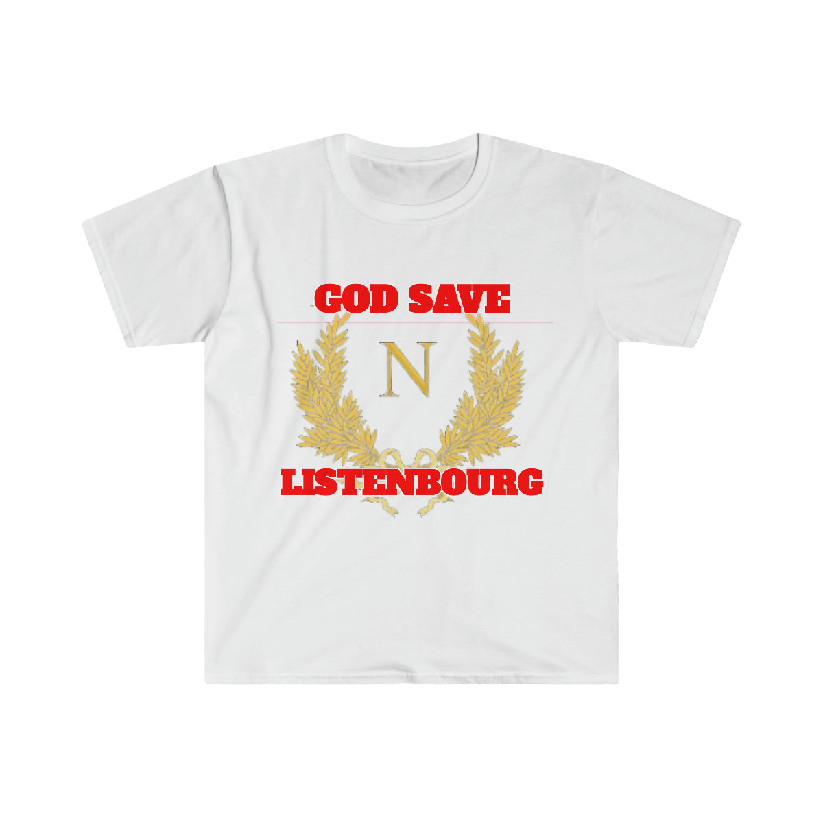 A wardrobe essential white t-shirt with red text from God Save Listebourg T-Shirt.