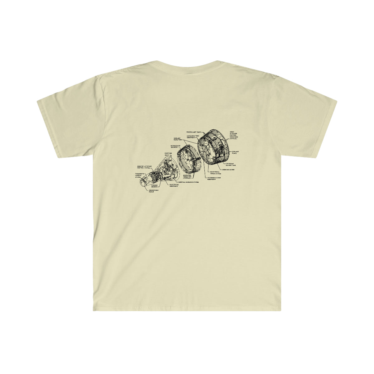 A beige Stages of Landing T-Shirt with a print of a gear available in various sizes.