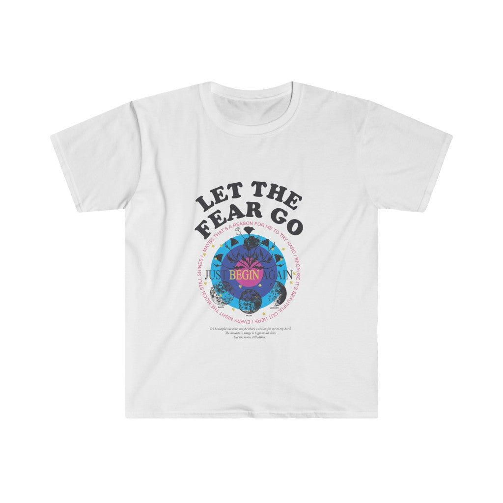 A white Let the Fear Go T-Shirt that boldly proclaims "let the flag go," representing a powerful message of freedom and fearlessness.