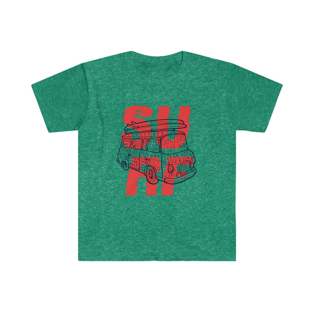 A Surf Van T-Shirt with the word "surf" on it, perfect for casual beach days.