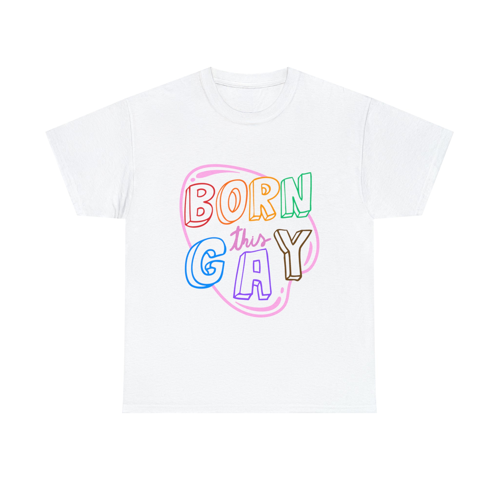 A white t-shirt that says Born This Gay T-Shirt pride.