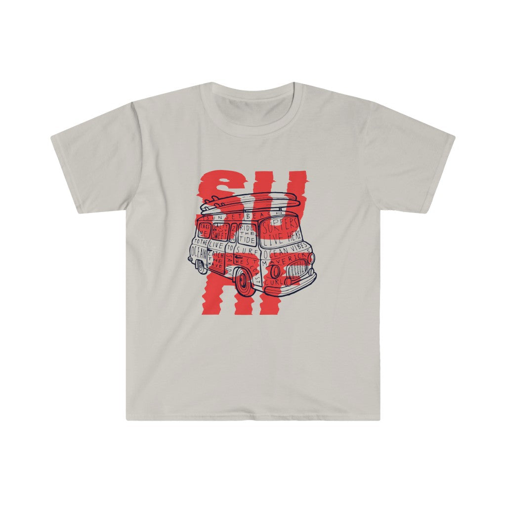 A Surf Van T-Shirt perfect for beach days, featuring the word surf.
