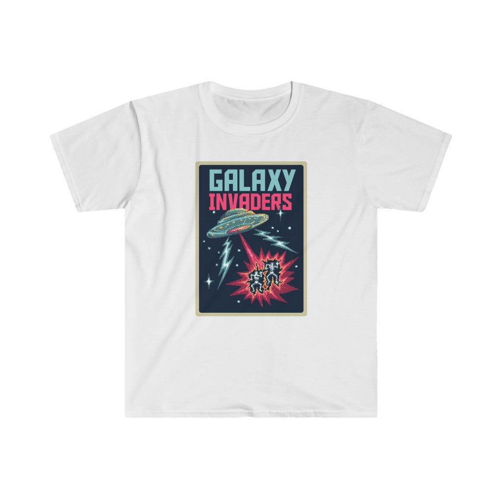 A white Pixel Galaxy Invaders T-Shirt featuring a pixelated spaceship from Pixel Galaxy Invaders.
