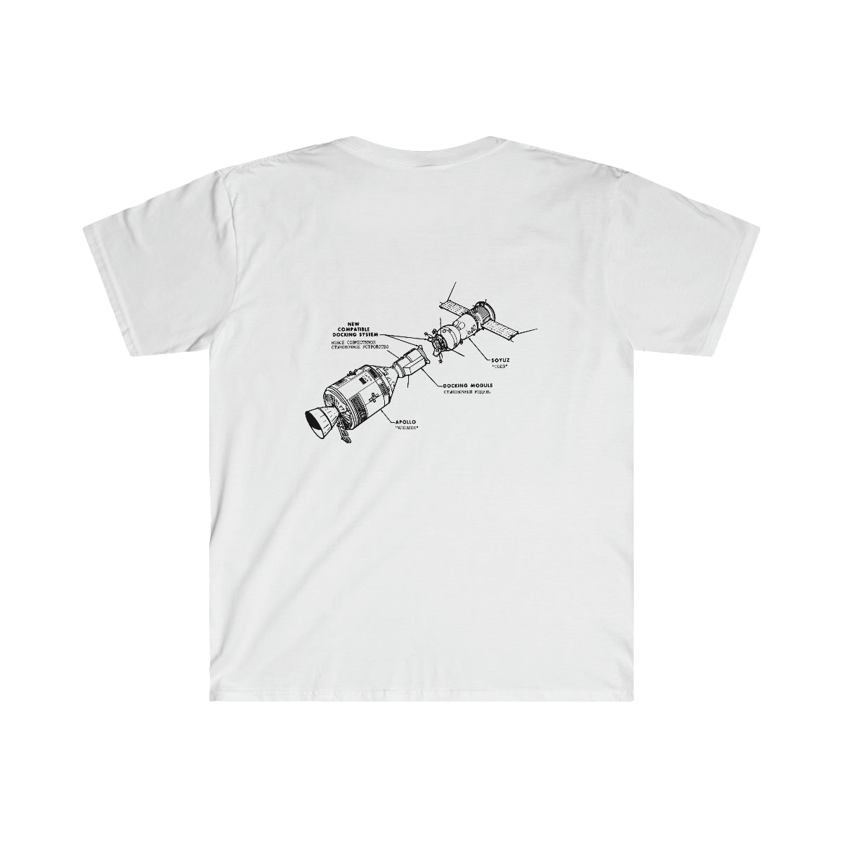 A white Apollo Docking T-Shirt perfect for a space enthusiast with a rocket drawing.