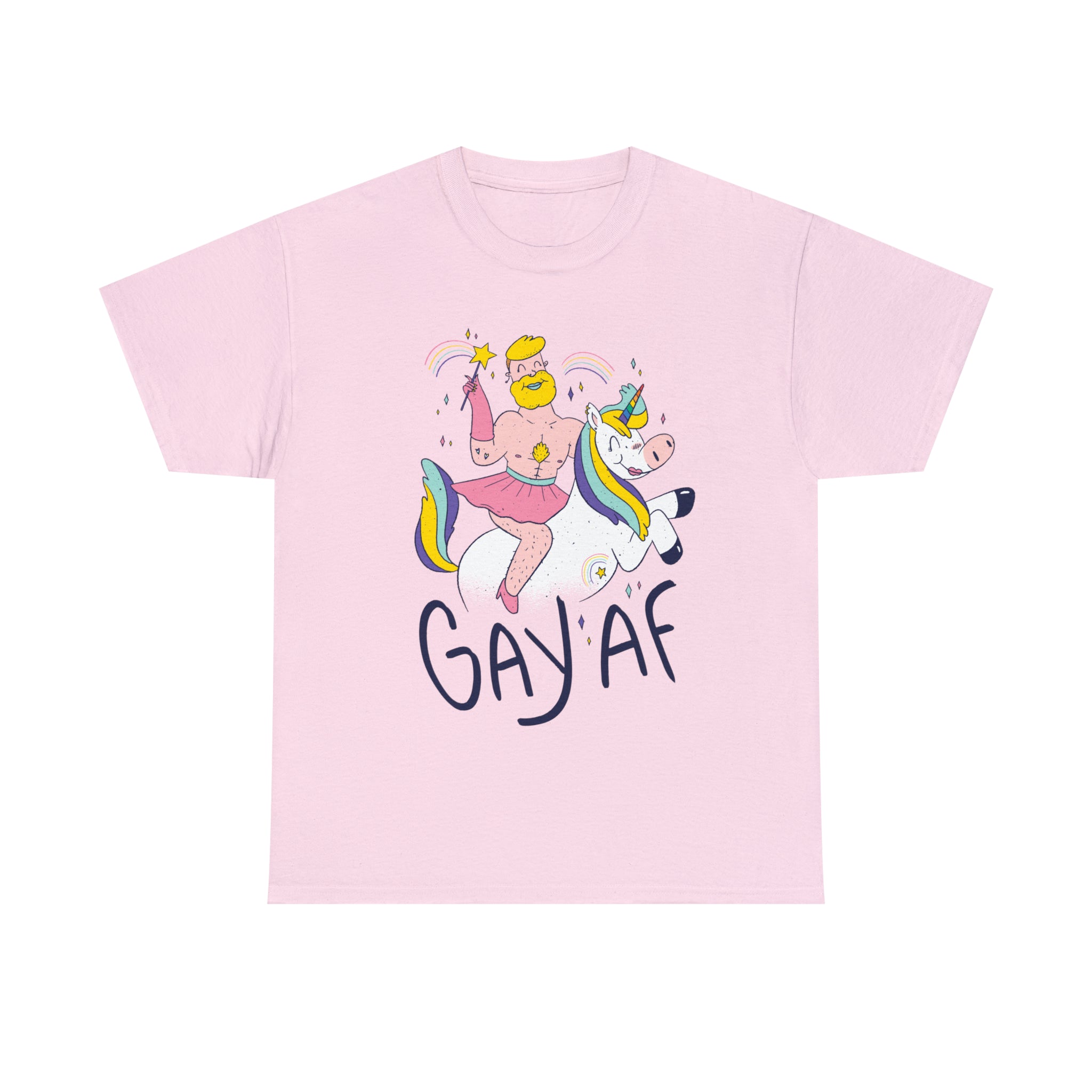 A pink GAYAF T-shirt featuring a man riding a unicorn.