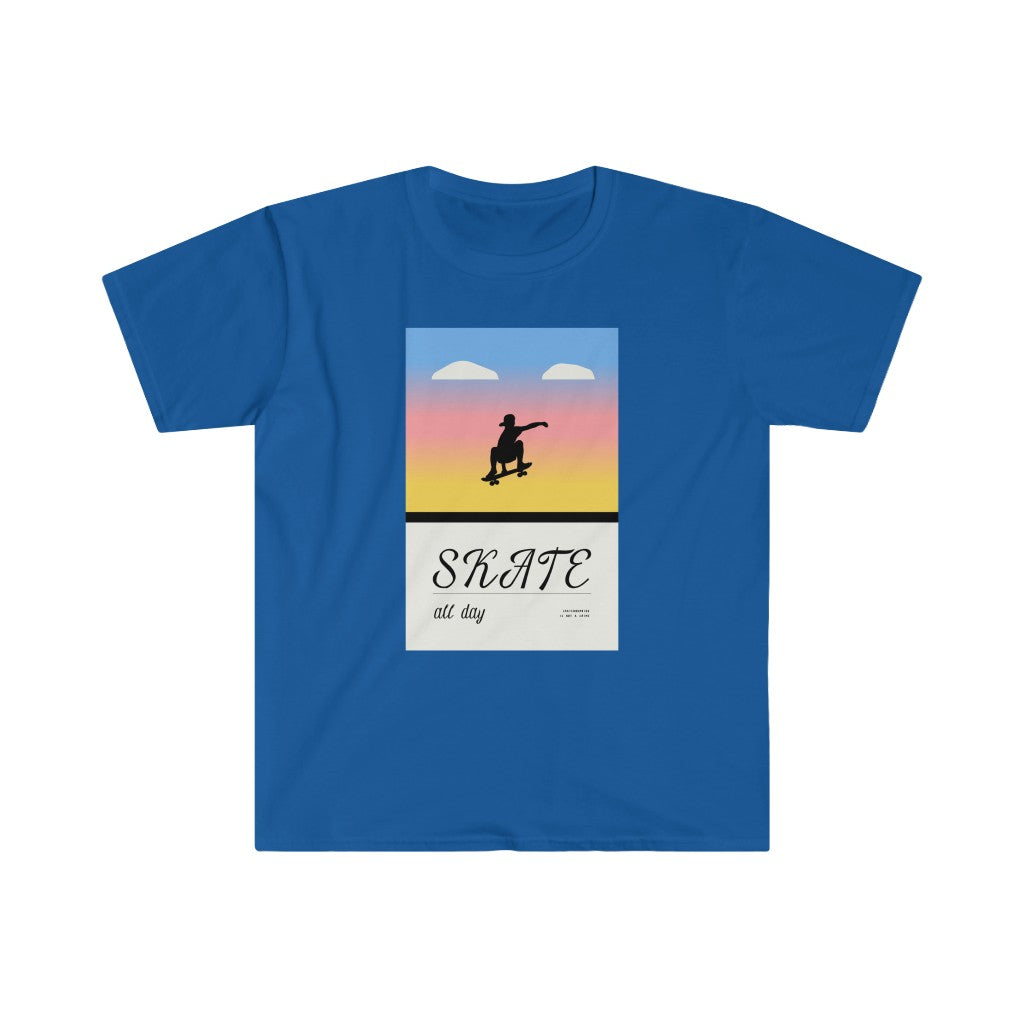 A stylish blue Skate All Day T-Shirt featuring a silhouette of a skateboarder at sunset.