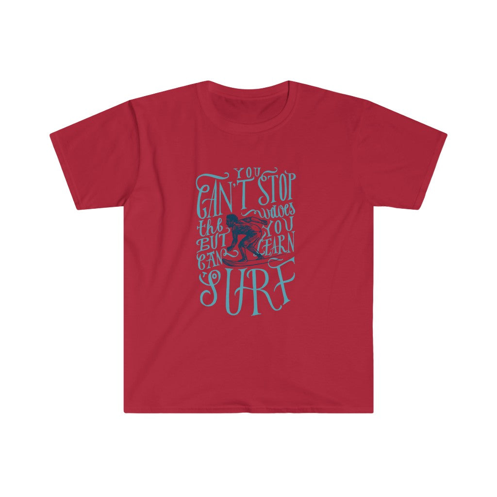 A red Can't Stop Surfing t-shirt that says, i'm a fan of surfing. (Brand Name: One Tee Project)
