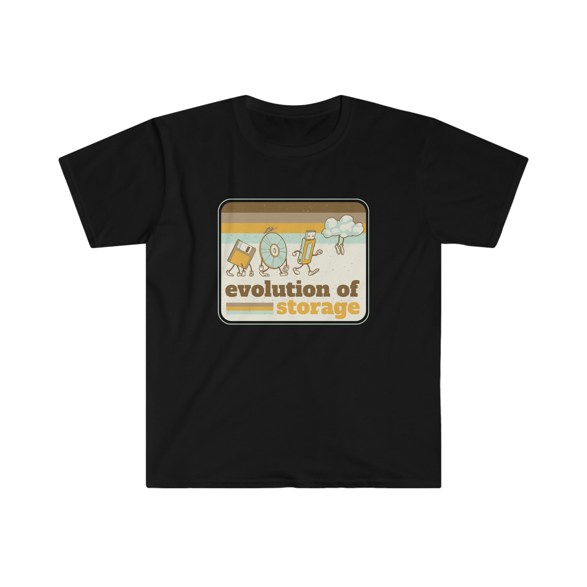 A Evolution of Storage T-Shirt with a graphic depicting the "evolution of storage technology," showing icons of a floppy disk, a cd, a usb flash drive, and cloud computing.