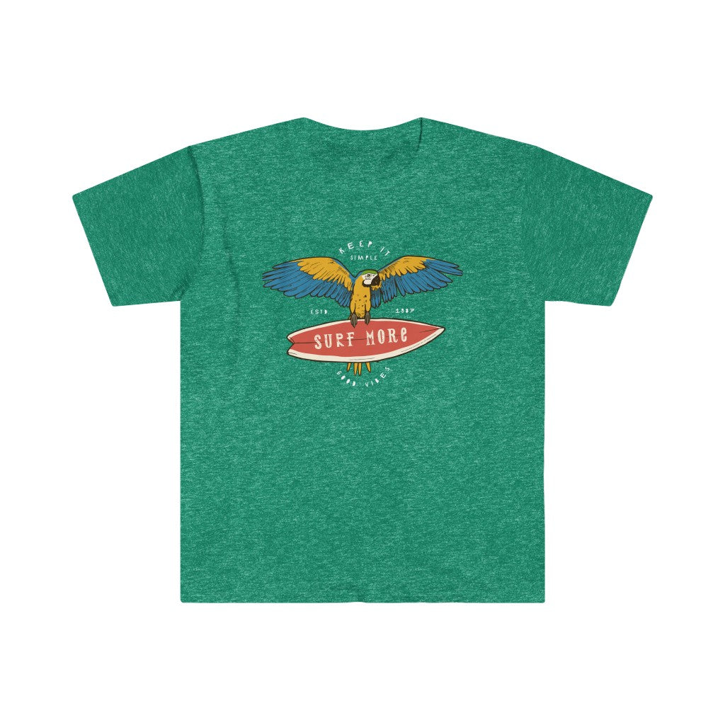 A Surf More T-shirt with an eagle on a surfboard, perfect for those who love the beach and shoreline.