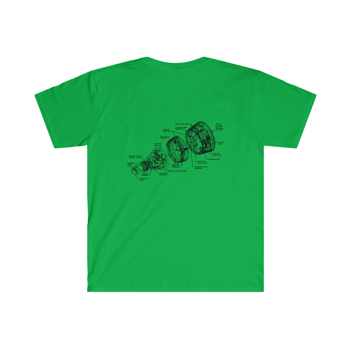 A green Stages of Landing T-Shirt with a printed image of a car engine.