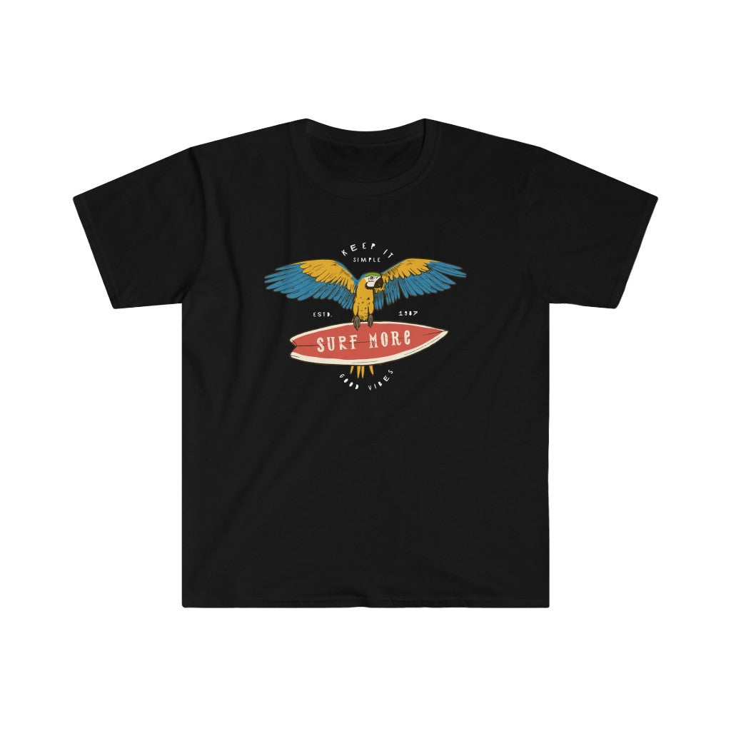 A black Surf More T-Shirt with an eagle on a surfboard, perfect for those who love the surf and shoreline.