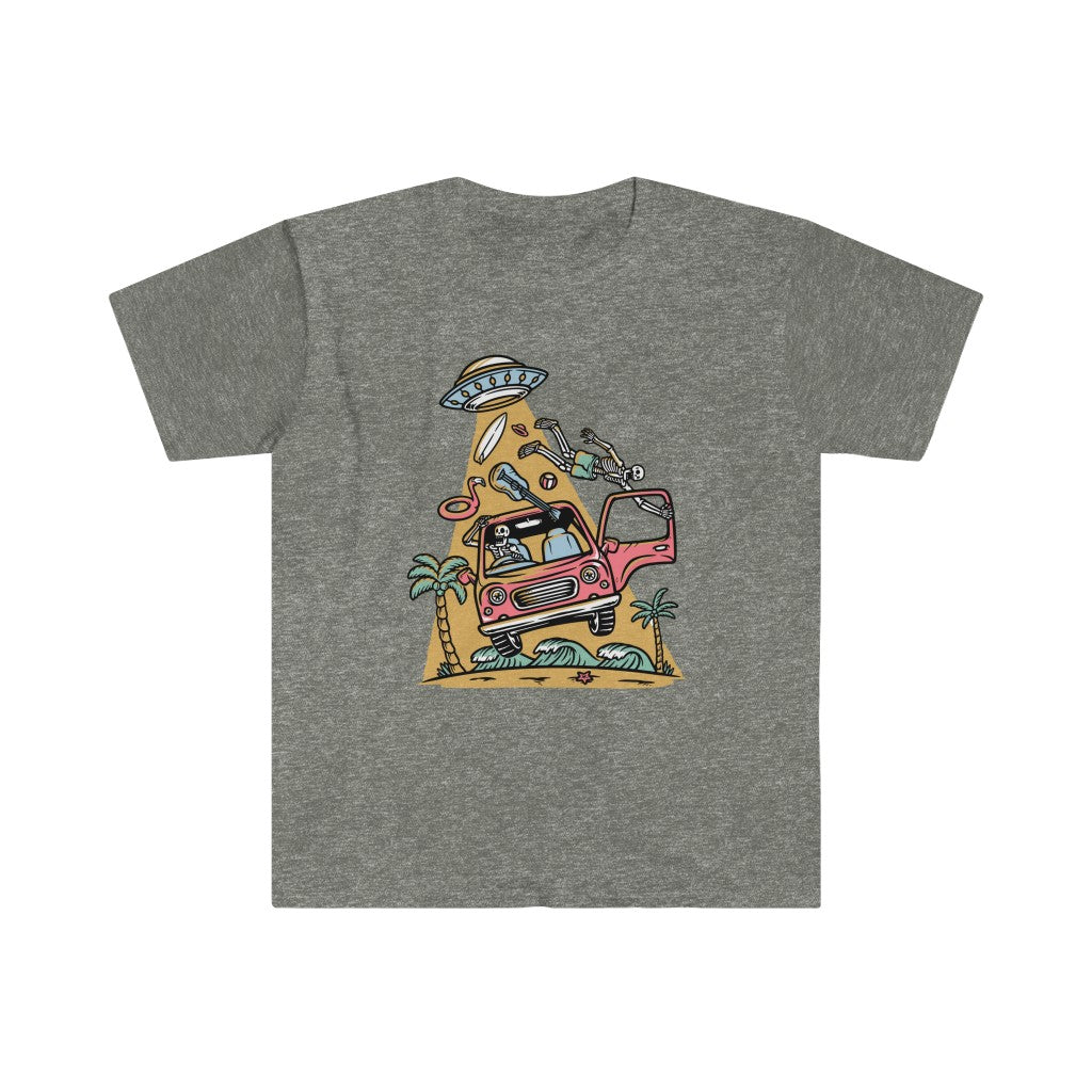 This comfortable gray Alien Invention T-shirt showcases an Alien Invention T-shirt design with a drawing of a truck and a tree, creating an intergalactic fashion statement of epic proportions.