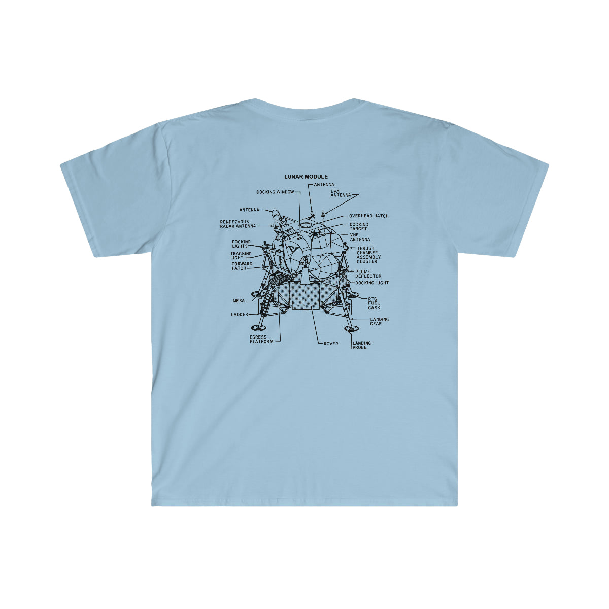 A blue Moon Landing T-Shirt featuring a spacecraft diagram - perfect for moon landing enthusiasts and astronauts.