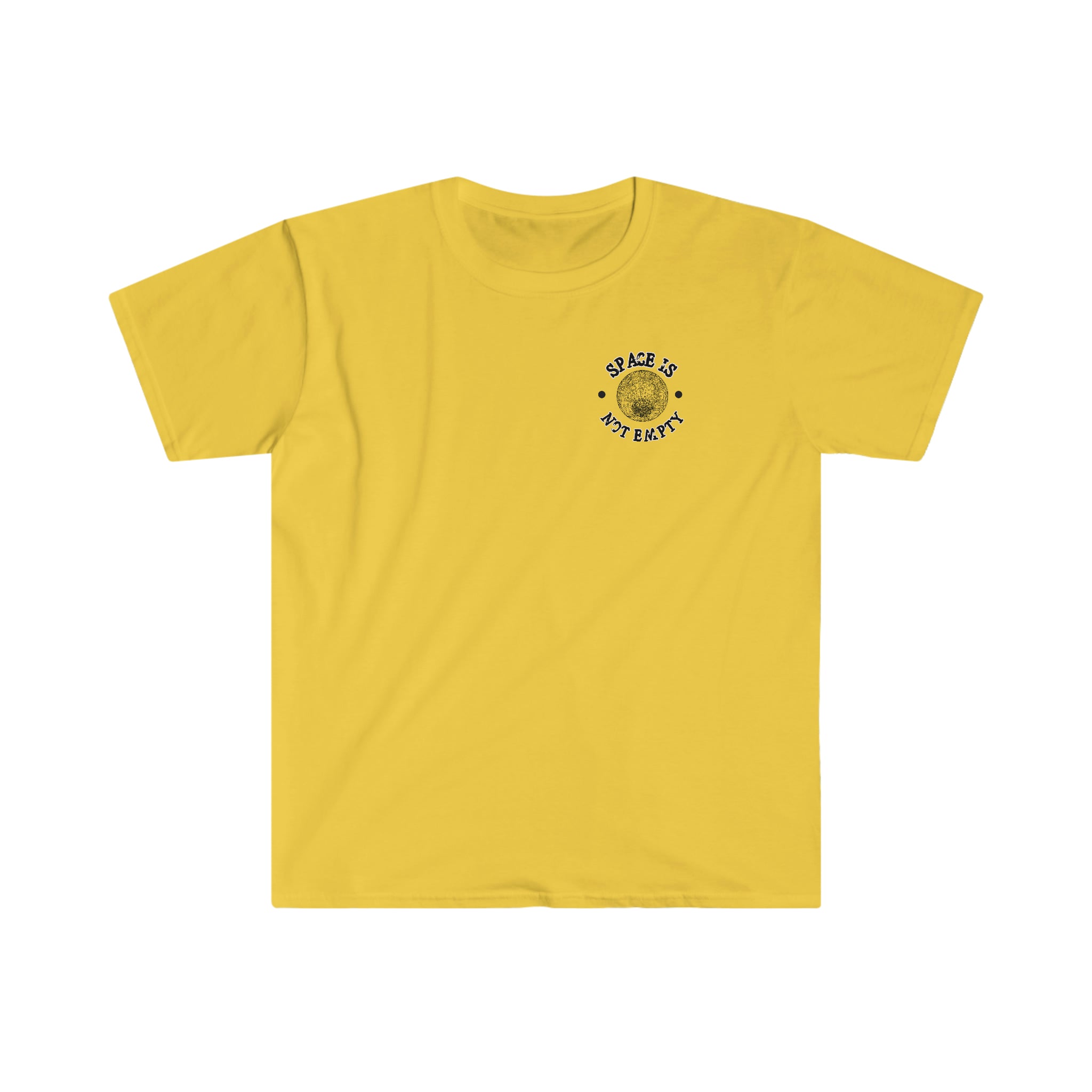 A yellow cotton Space is Waiting T-Shirt with a black logo on it.