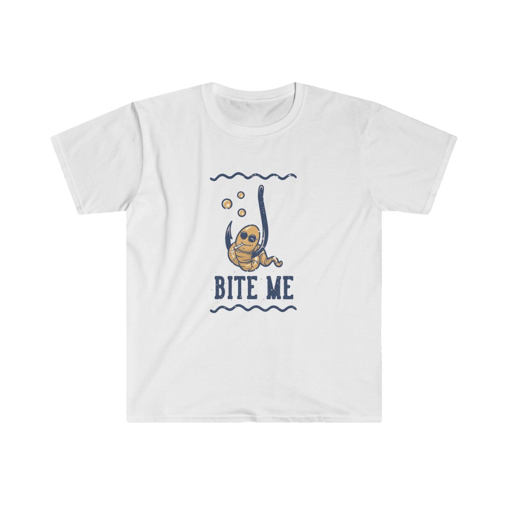 A playful white Bite Me T-Shirt with the phrase "bite me" printed on it.