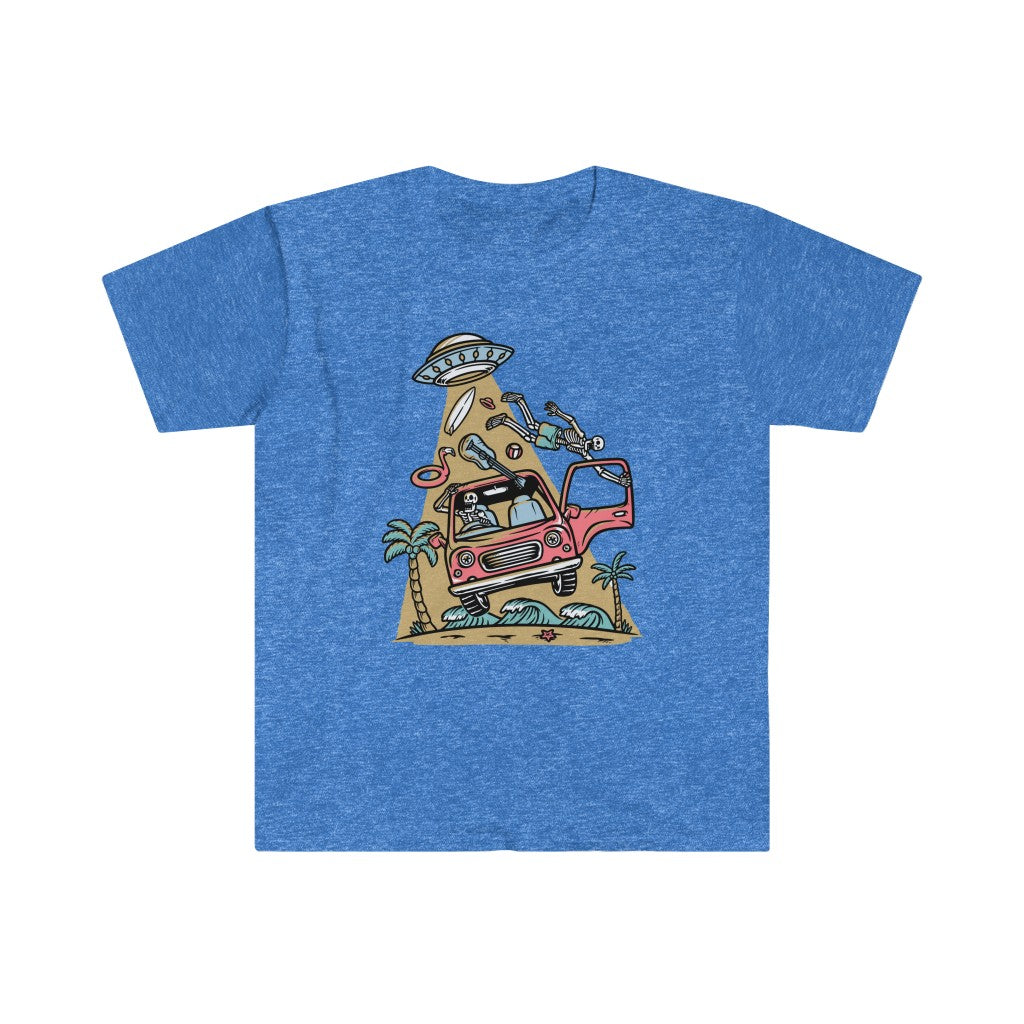 The Alien Invention T-shirt features a blue truck and mountain image, offering comfortable intergalactic style.
