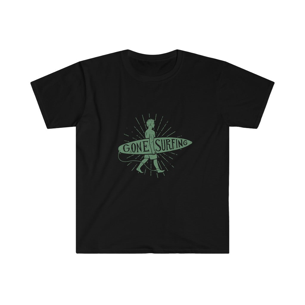 A Gone Surfing T-Shirt with a black shirt with a green design inspired by the beach.