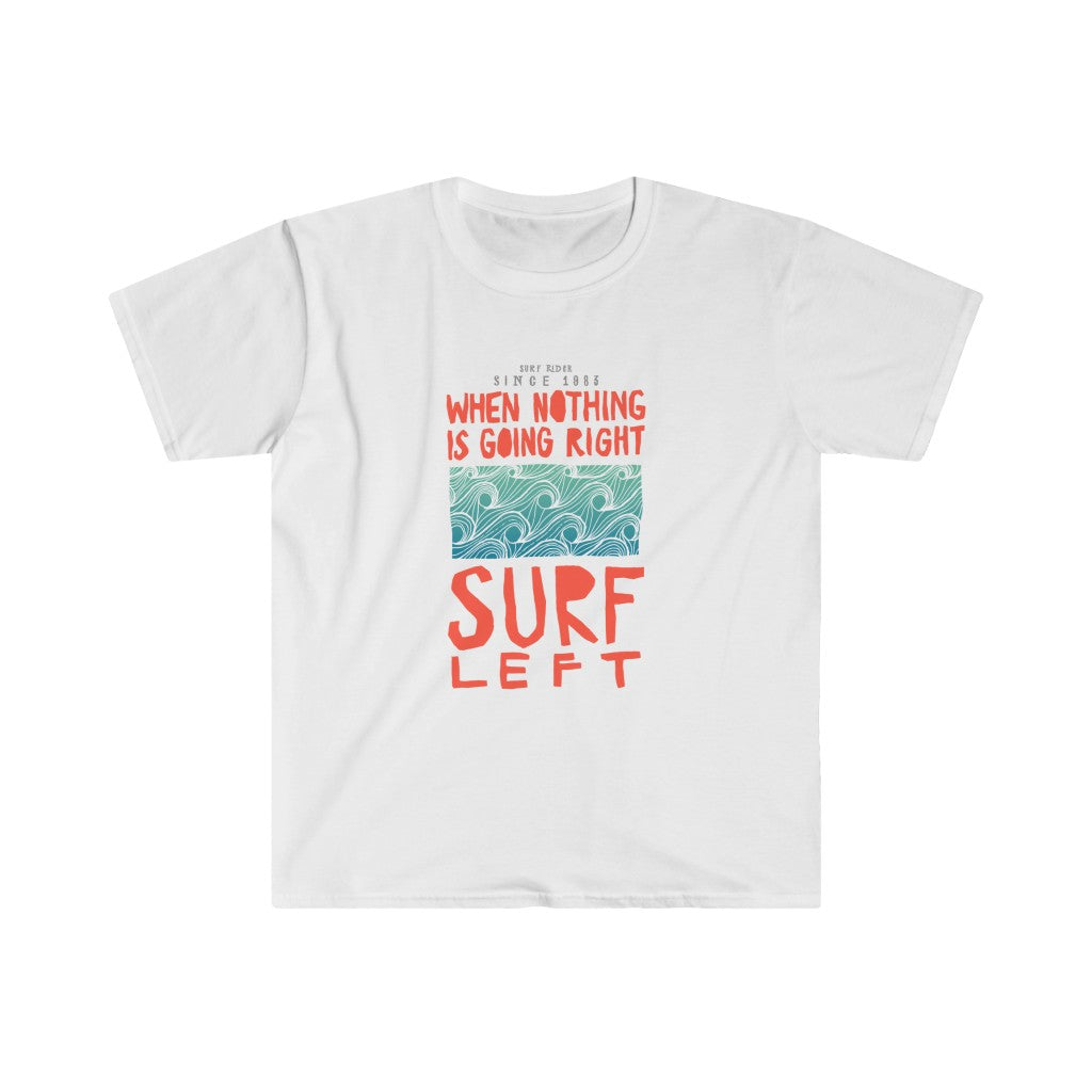 A white SURF LEFT T-Shirt with a surf-themed design that says "surf left" at the beach.