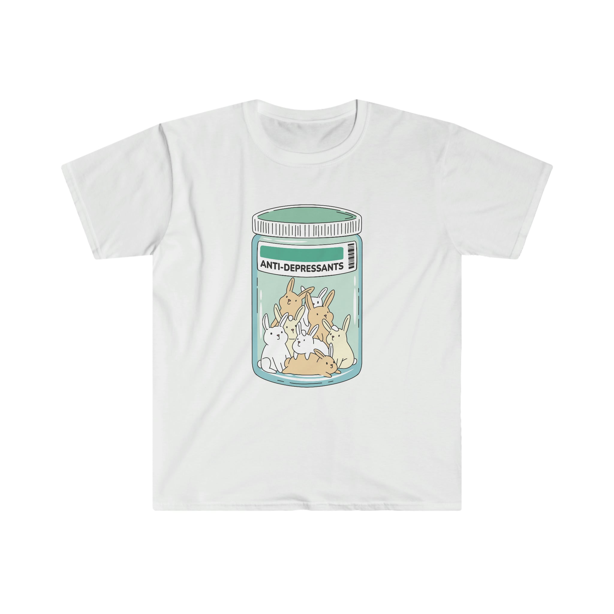 Antidepressants Bunnies T-Shirt featuring an image of a rabbit in a jar, perfect for those who love quirky style.