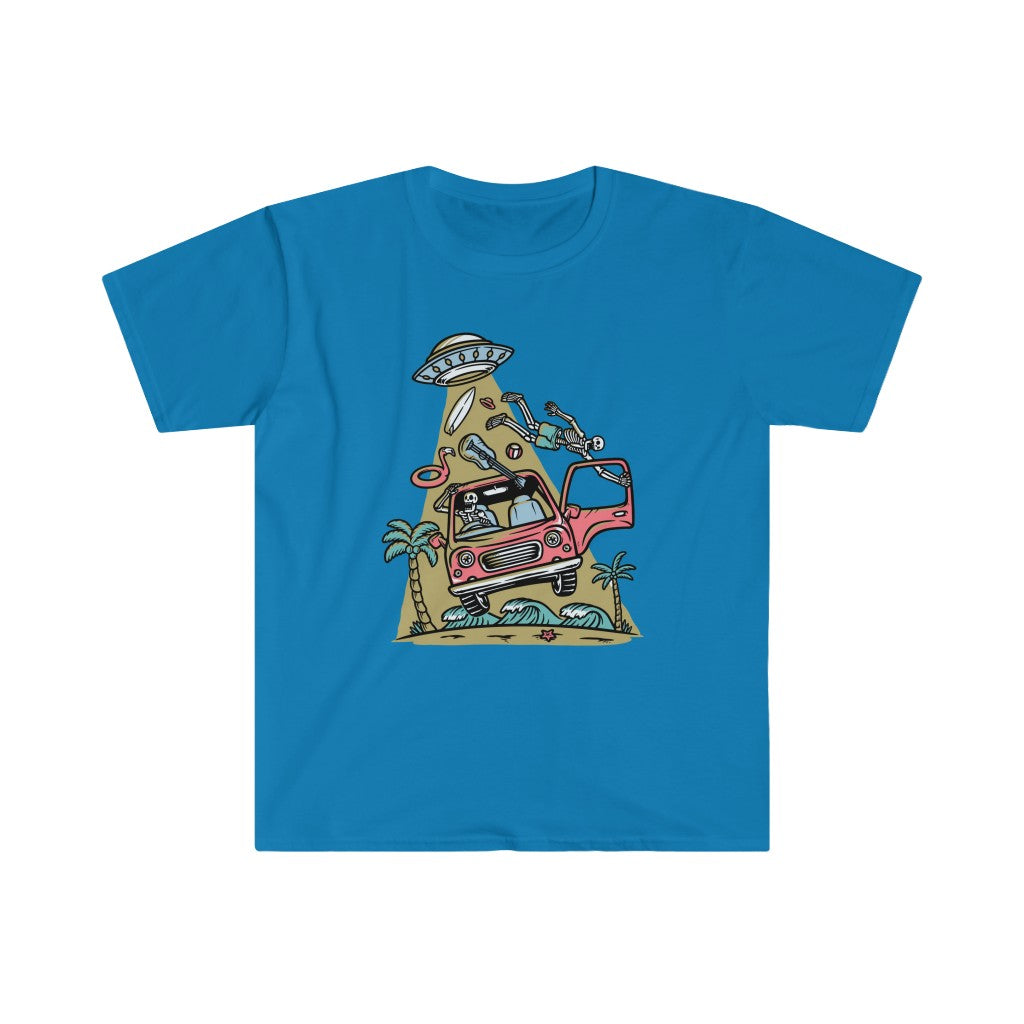 The [Alien Invention T-shirt] is a comfortable blue t-shirt featuring an image of a car on top of a mountain, creating an intergalactic scene.