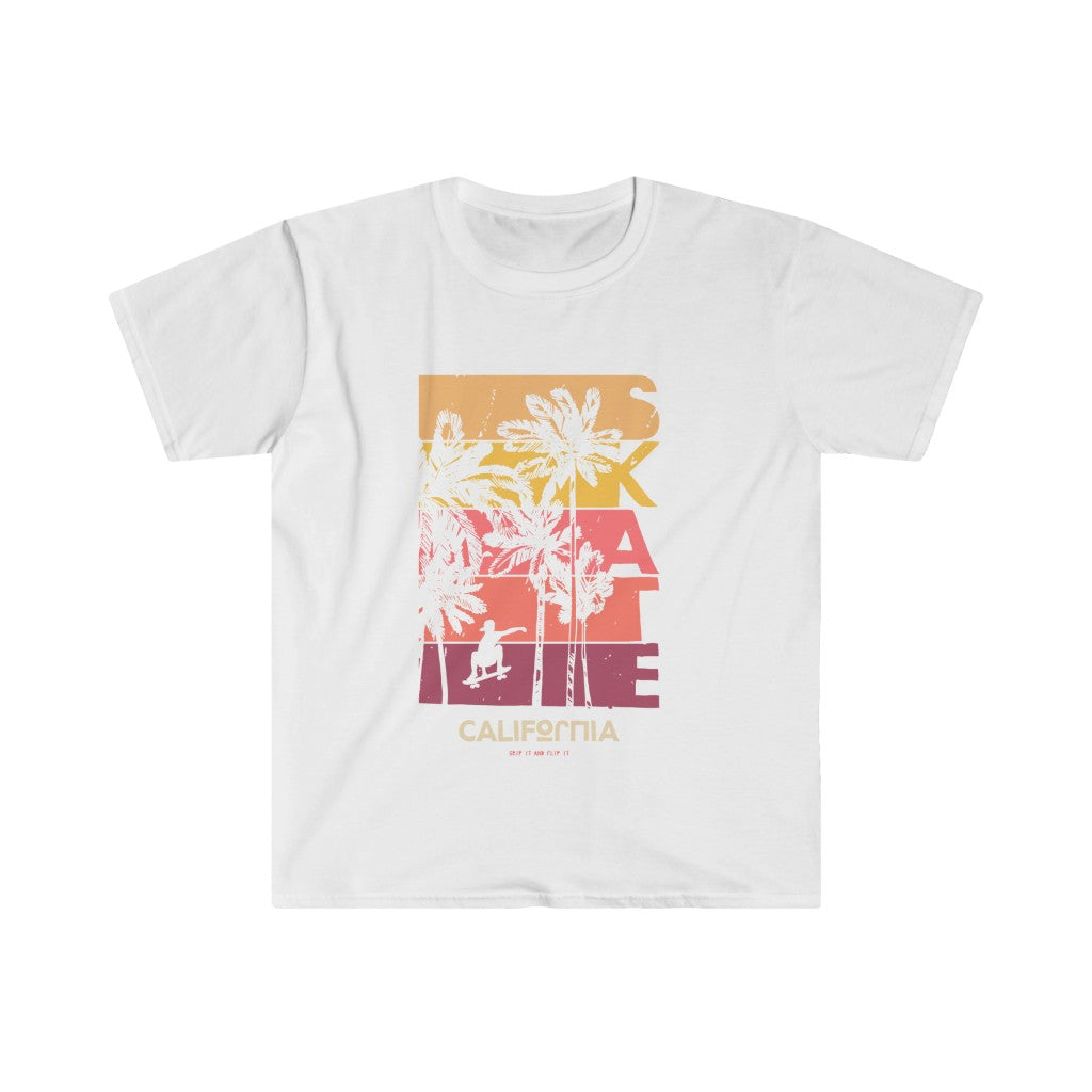 A sporty white Skate Califronia T-shirt with an adjustable neck and a palm tree in the background.