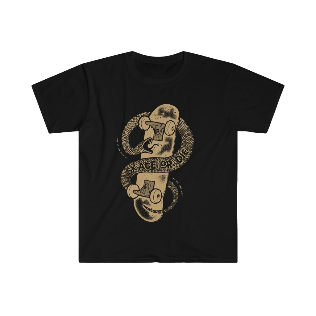 A soft Skate or Die t-shirt with an image of a snake on it.