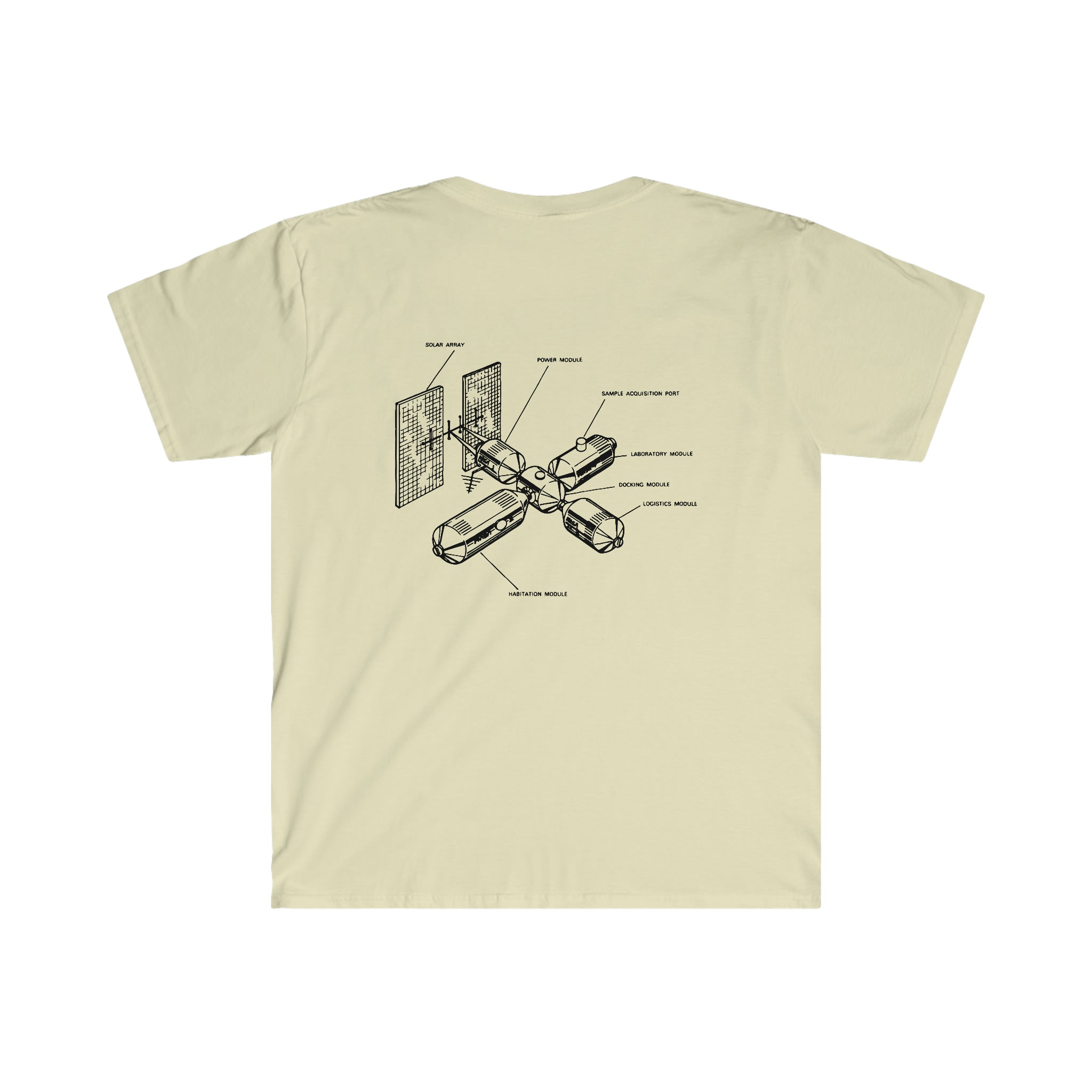 A beige Space Station T-Shirt with a diagram of a space station on it.