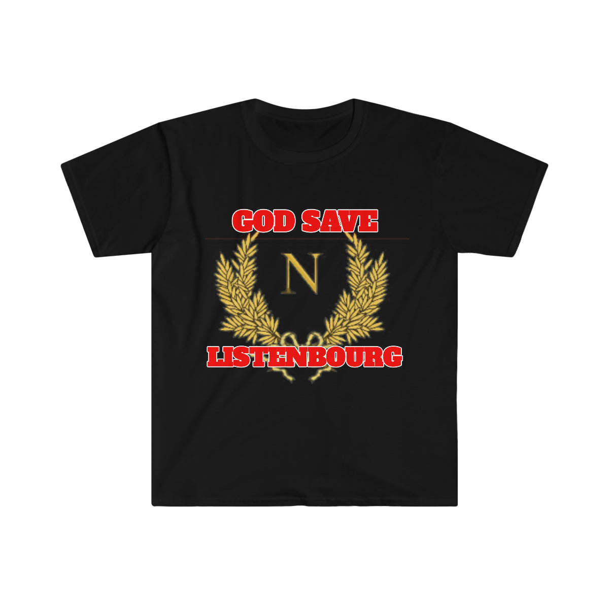 Sentence with product name: Elevate your wardrobe with this premium God Save Listebourg T-Shirt featuring striking red and yellow text. A true wardrobe essential.
