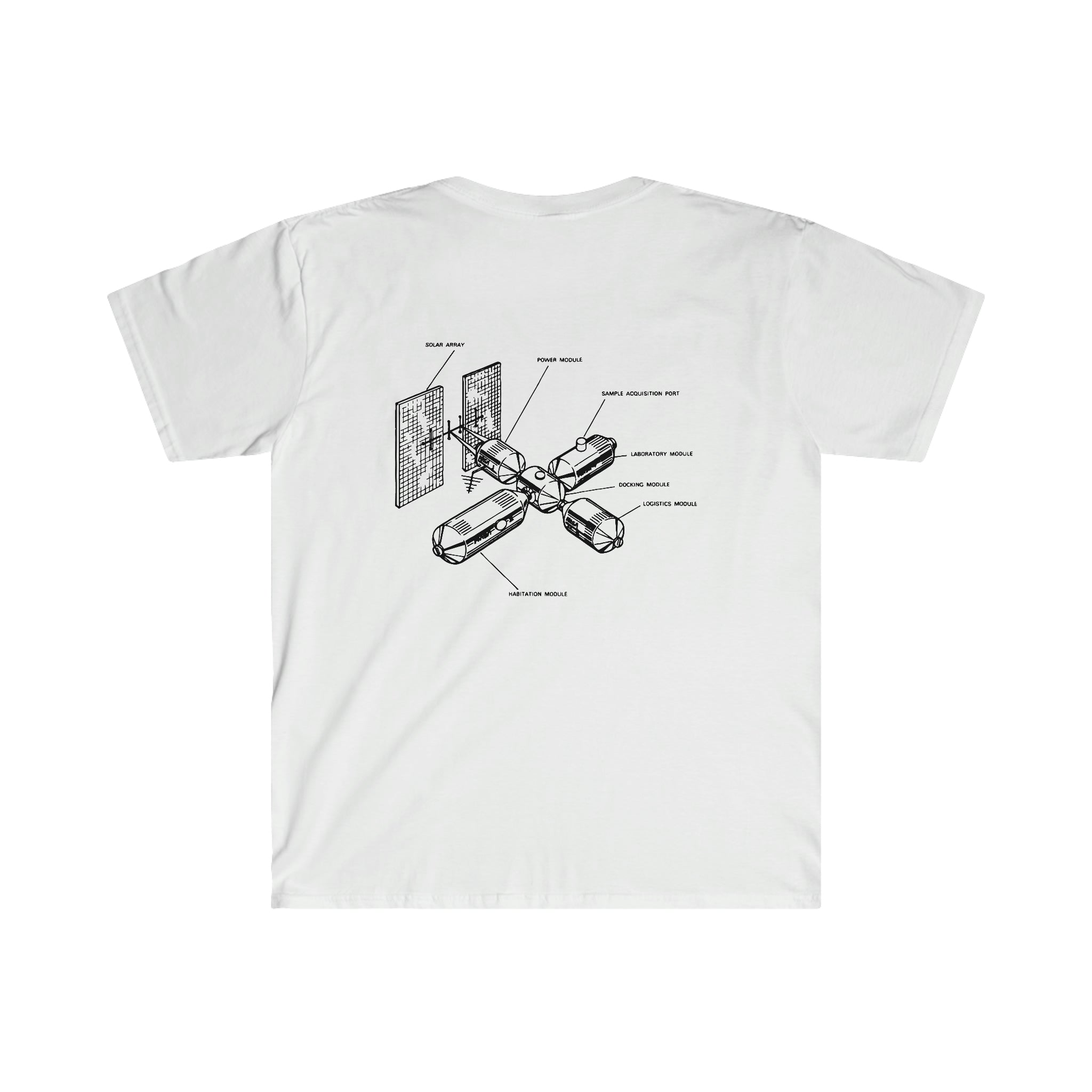A white Space Station T-Shirt with a space station diagram on it.