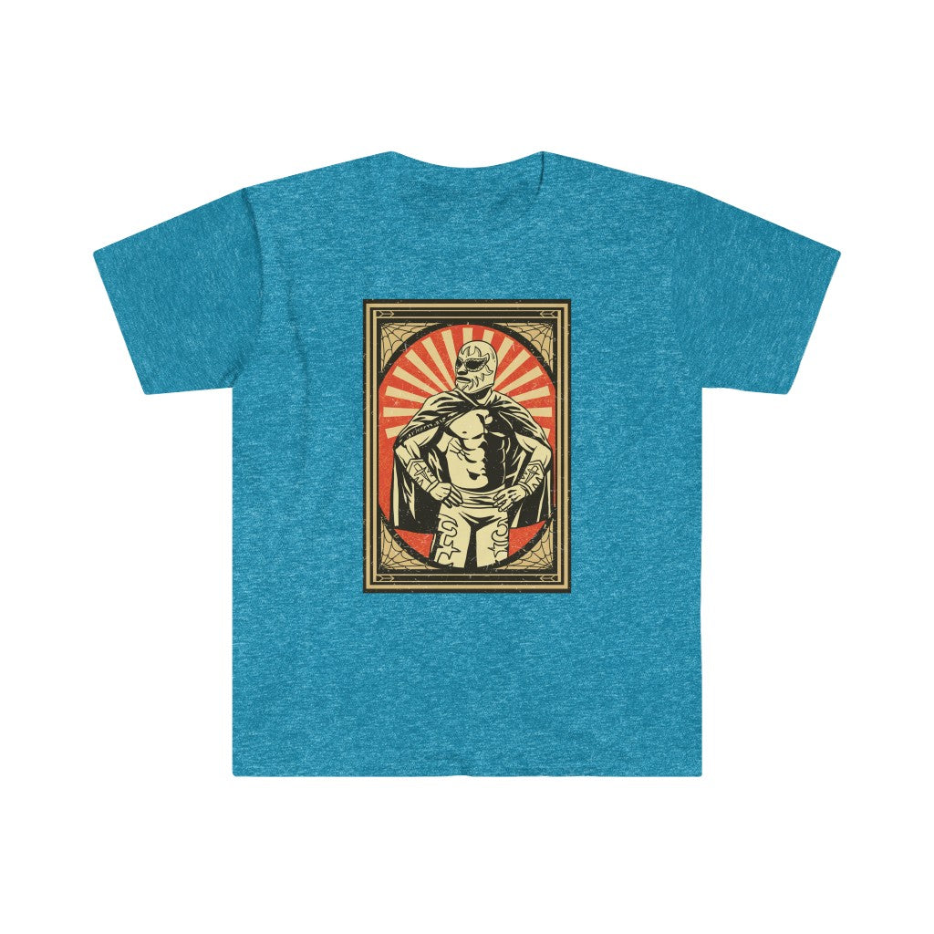 A blue Mexican Wrestler T-Shirt with an image of a superhero on it.