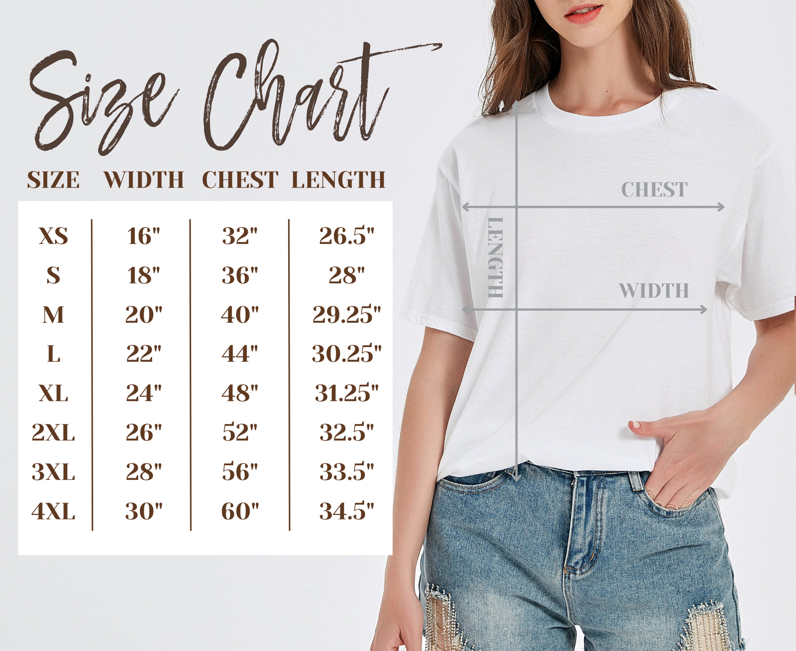 A woman wearing a Back to School Y'all T-Shirt with a size chart, demonstrating school spirit.