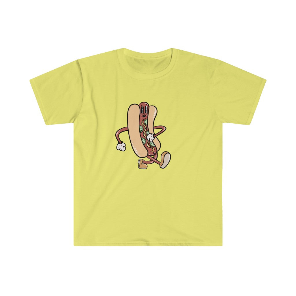 A yellow Hotdog Cartoon T-Shirt featuring a cartoon hot dog design.