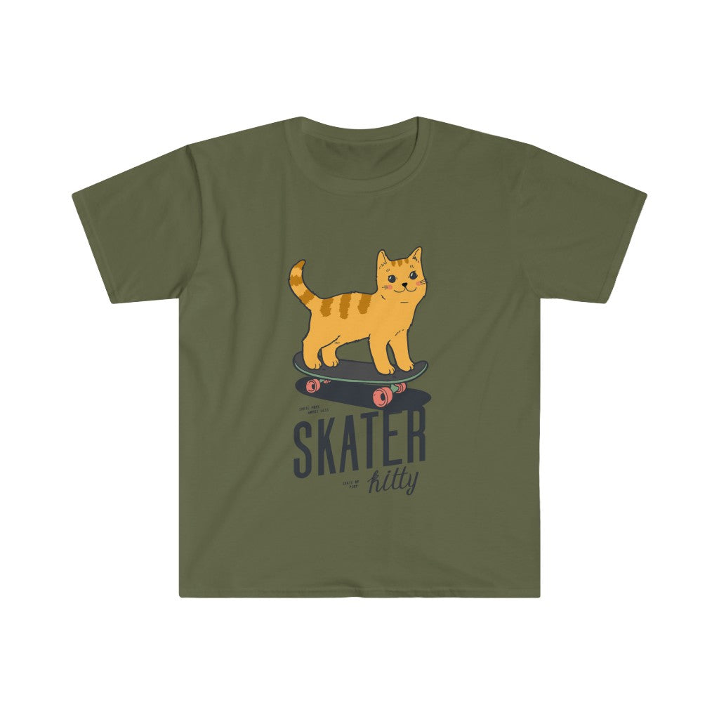 Skater Kitty T-Shirt: A green t-shirt featuring an adorable design of an orange cat on a skateboard, perfect for those who love street style.