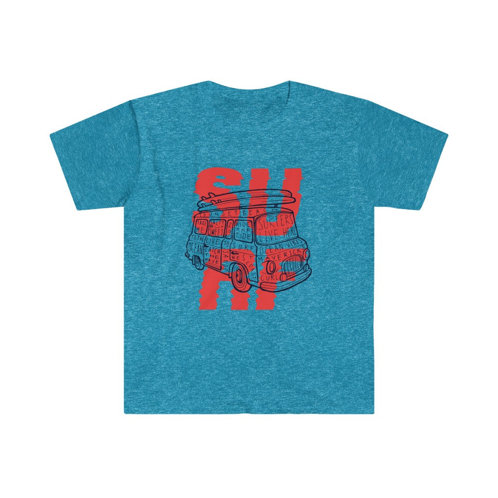 A Surf Van T-Shirt with the word 'surf' for casual fits at the beach.