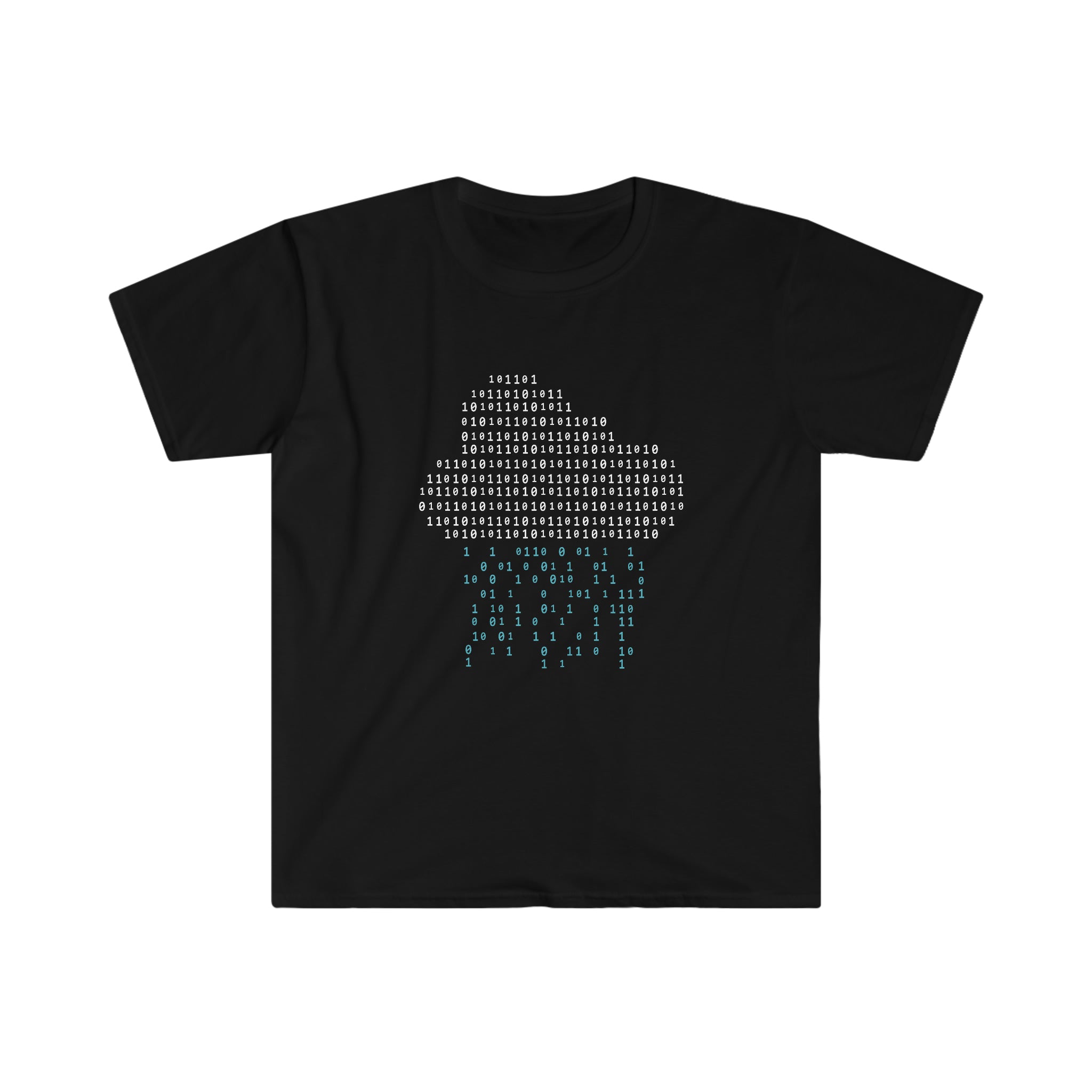 Sentence with product name: Black It's Raining Code T-Shirt with stylish white and blue ASCII art design featuring raining code.