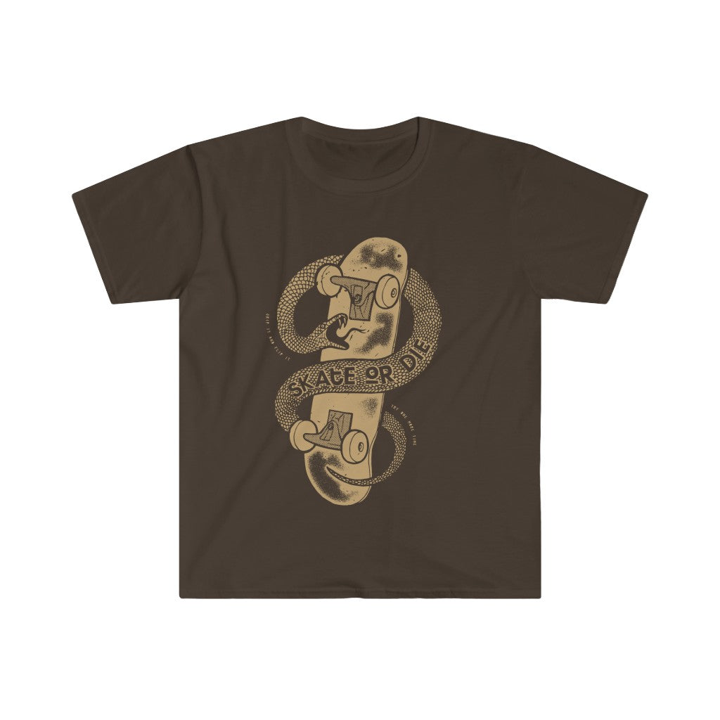A soft Skate or Die T-shirt with an image of a snake on it.