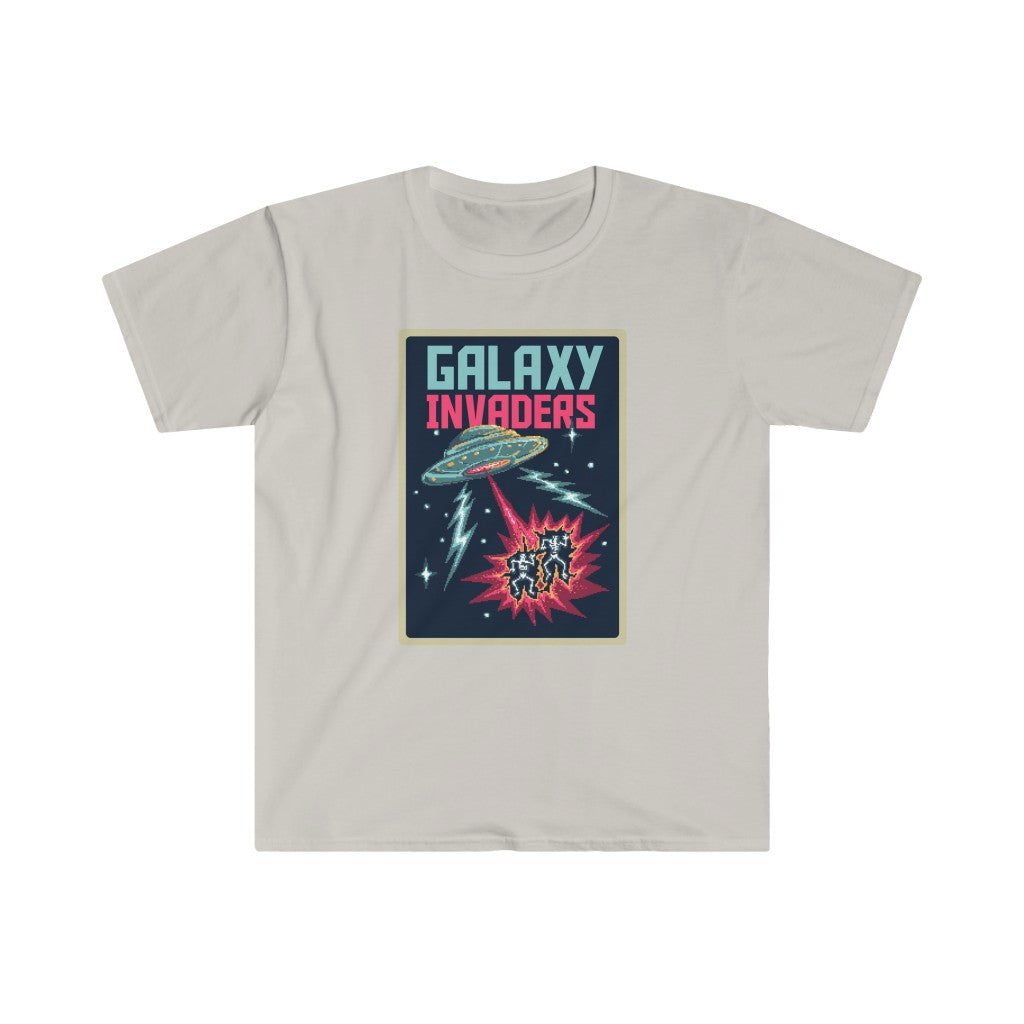 This Pixel Galaxy invaders T-shirt features a pixelated spaceship design, perfect for fans of retro gaming.