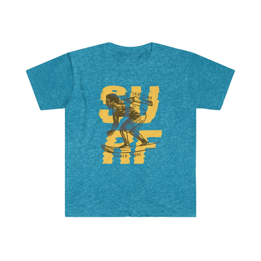 An on-trend blue S U R F T-Shirt with an image of a surfer.