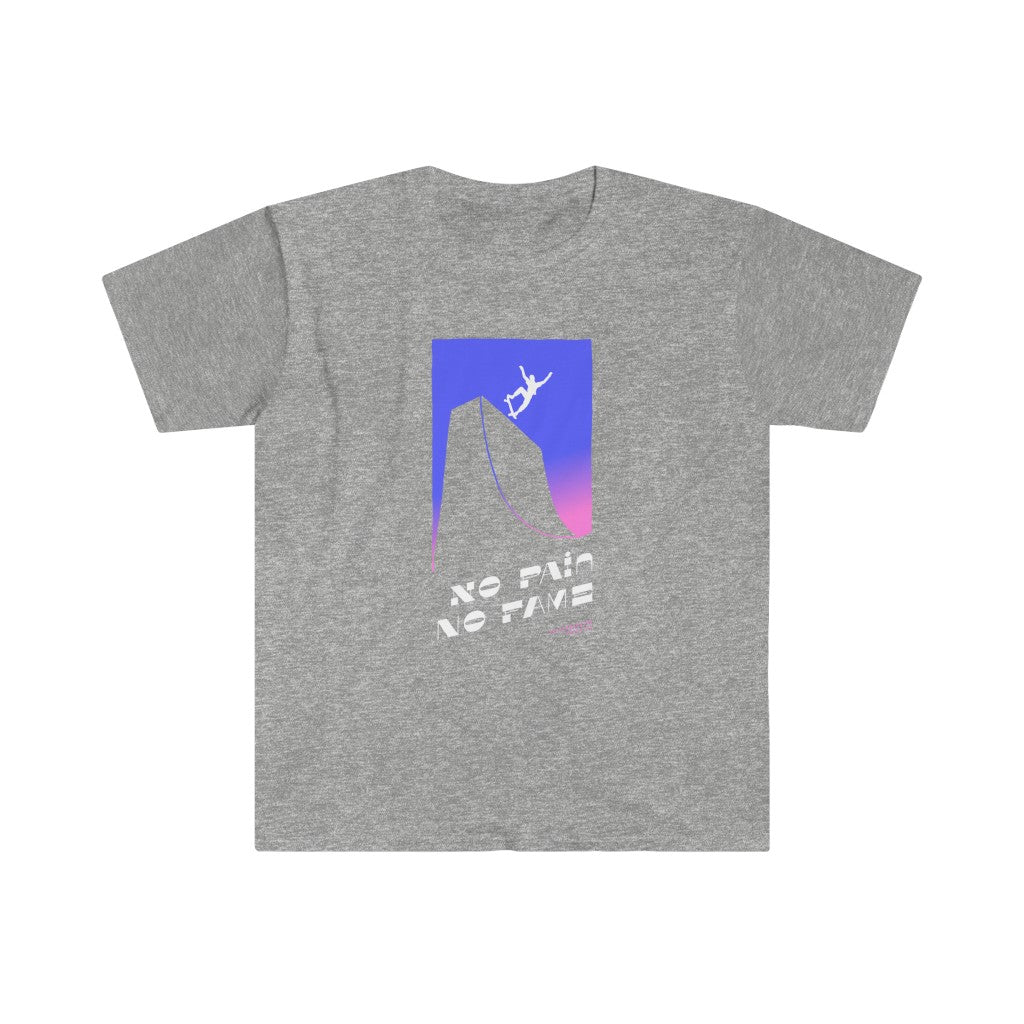 A gray No Pain No Gain T-shirt featuring a man jumping off a cliff, representing the fitness goals.