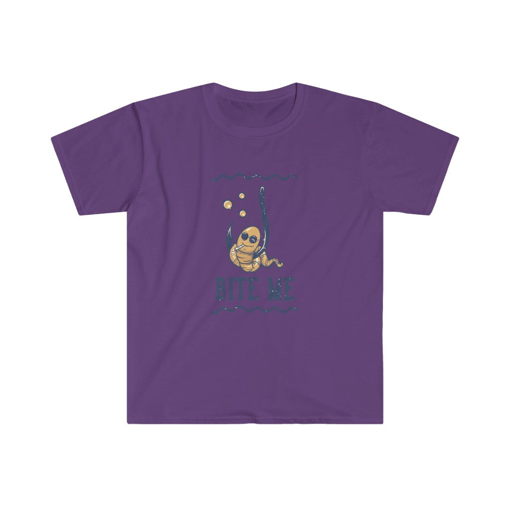 A playful purple Bite Me T-shirt with an image of a sloth on it.