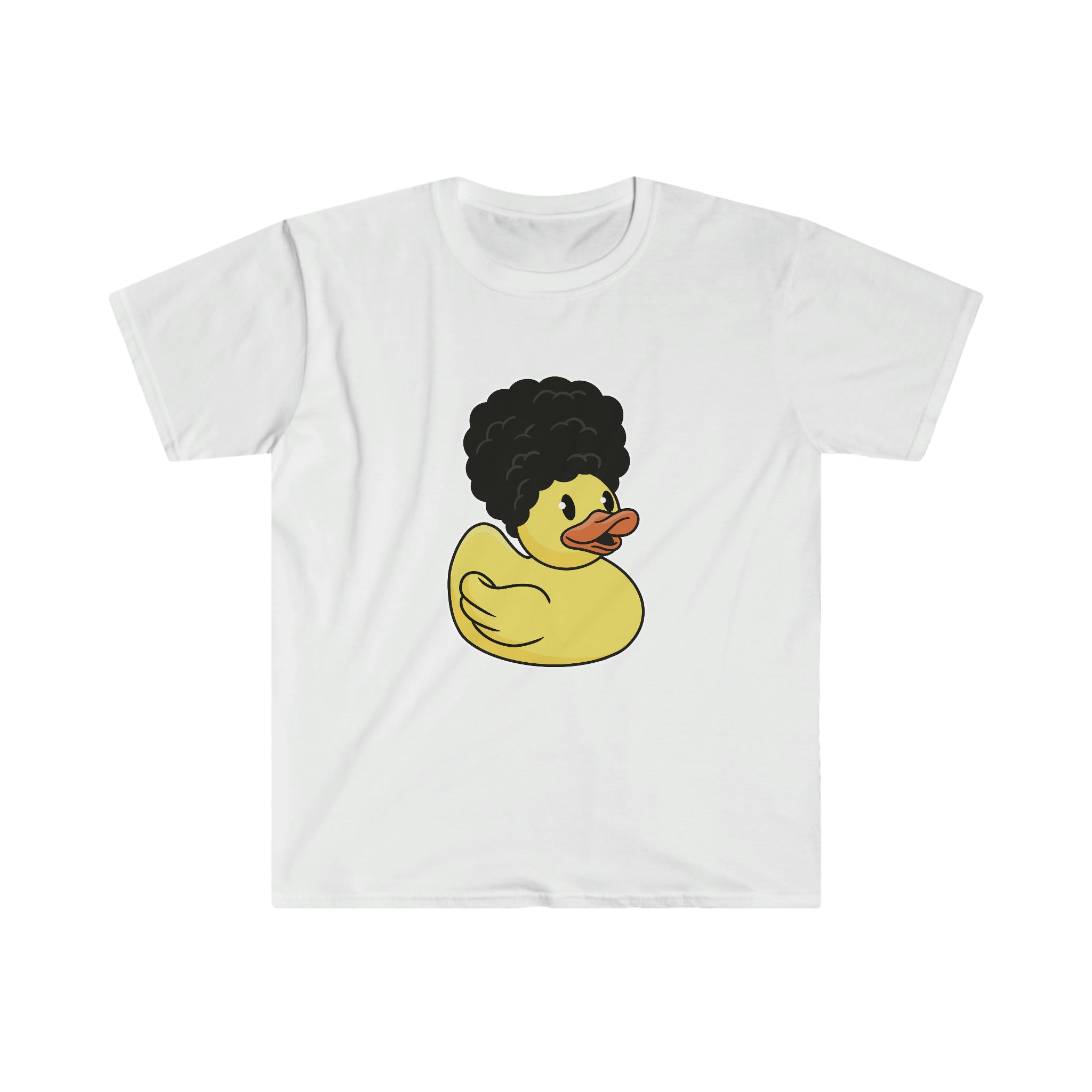 A white Cool Duck t-shirt with a rubber duck with afro hair, made by Printify.