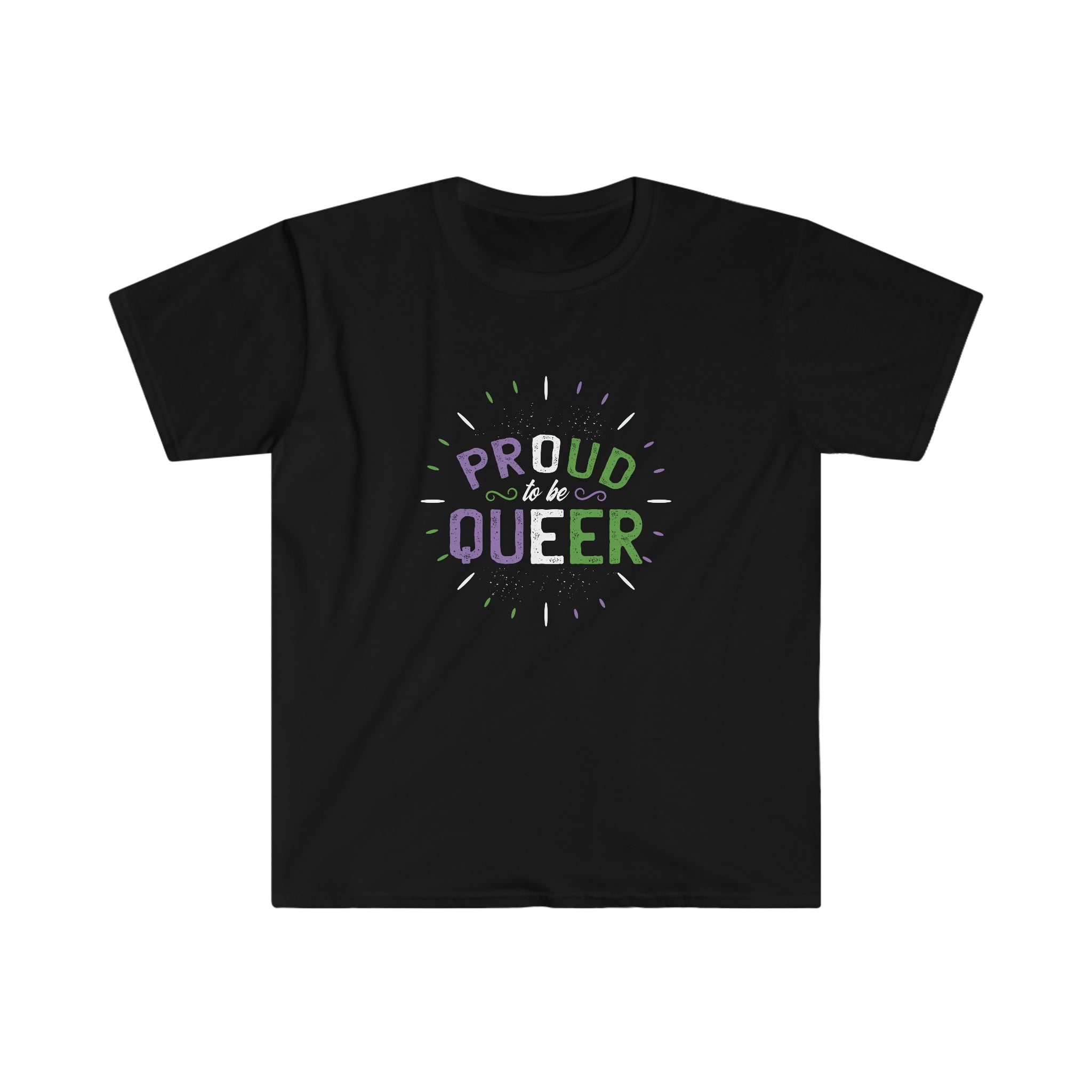 Express your pride with this Proud to Be Queer T-Shirt featuring bold purple and green lettering that reads "proud queer.