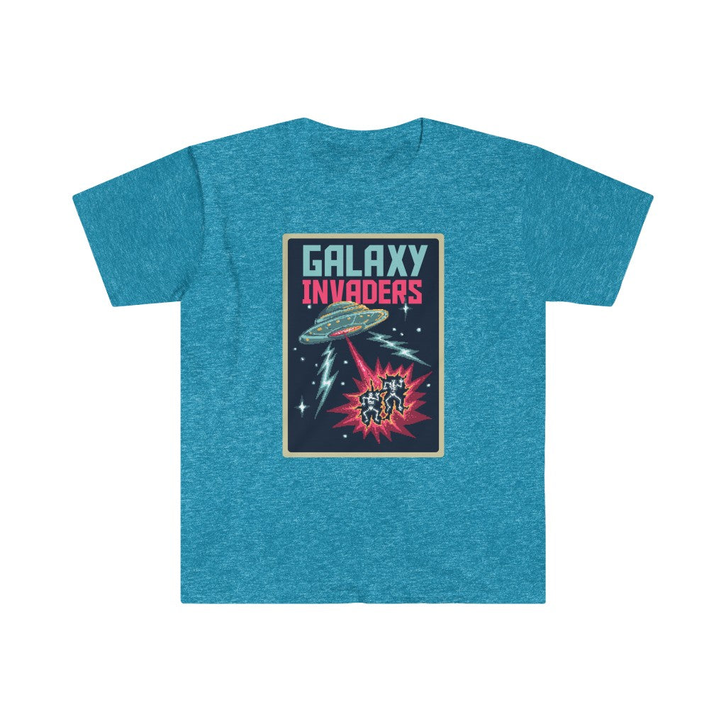 Pixel Galaxy invaders kids T-shirt featuring a pixelated spaceship design.
