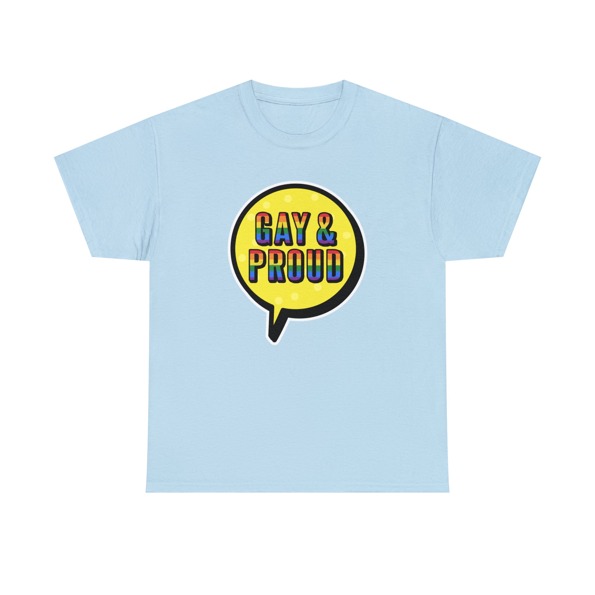 A Gay & Proud T-Shirt with a yellow circle and text in blue and yellow.