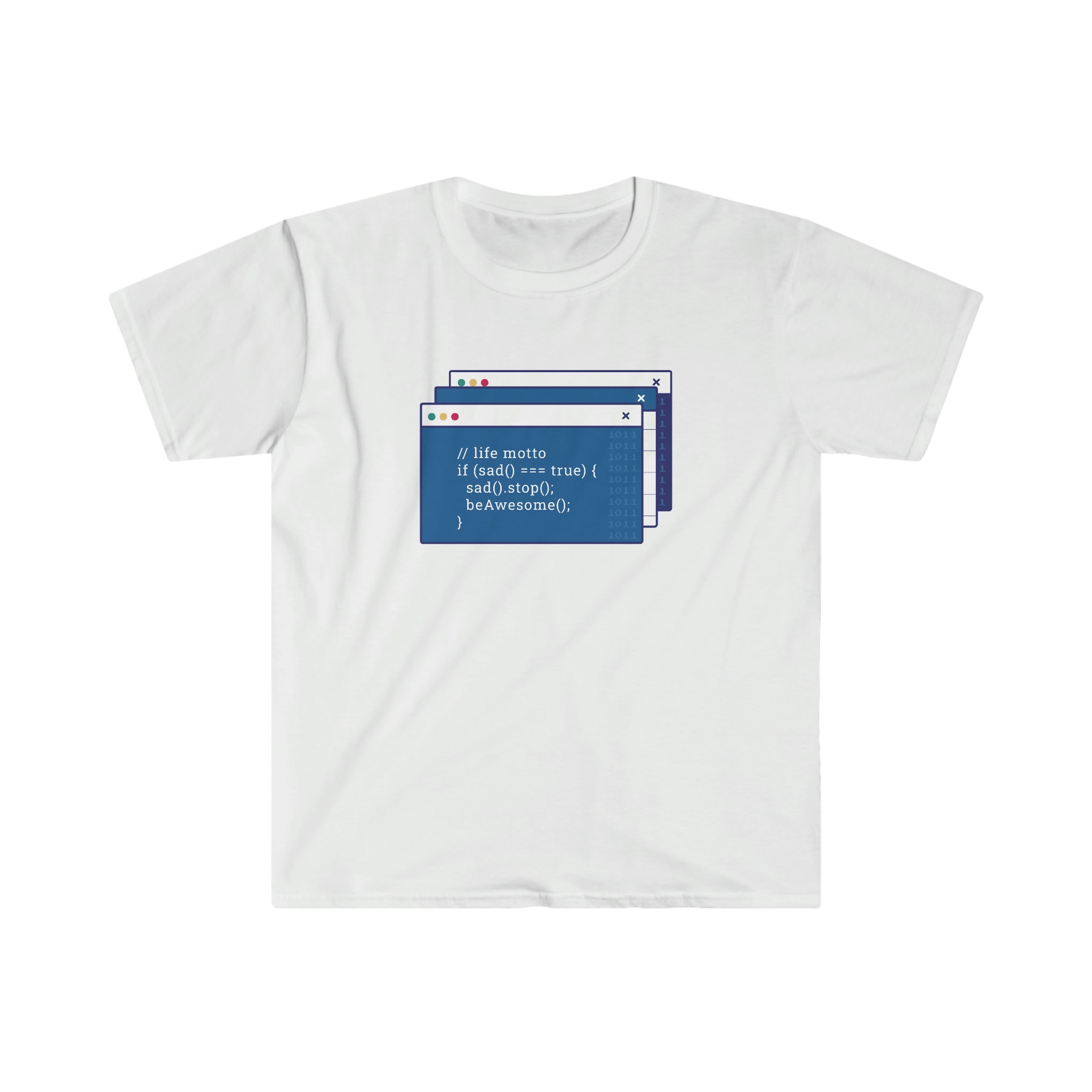 A Coding is Fun white t-shirt with an image of a computer screen by Printify.